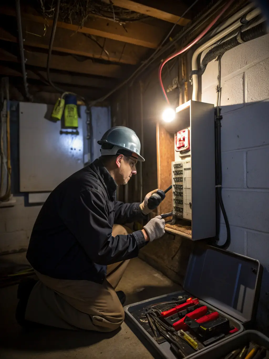 A licensed electrician working on wiring inside a home, emphasizing the safety and expertise of JB's Contracting and Maintenance's electrical services.
