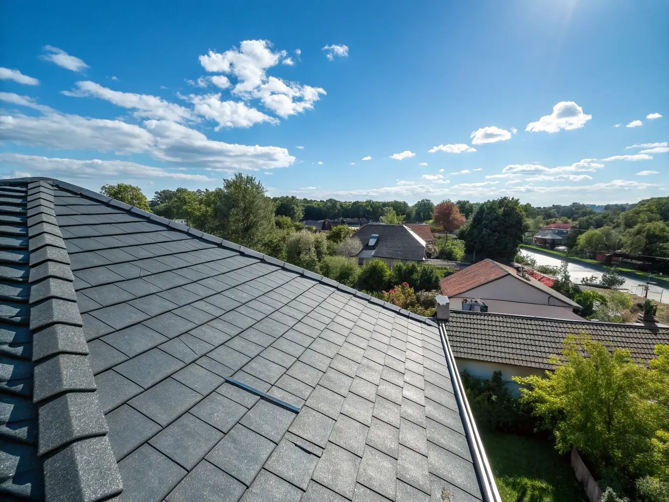 A high-angle shot of a newly installed asphalt shingle roof on a residential home in Marianna, Florida, showcasing the quality and durability of JB's Contracting and Maintenance's roofing services.