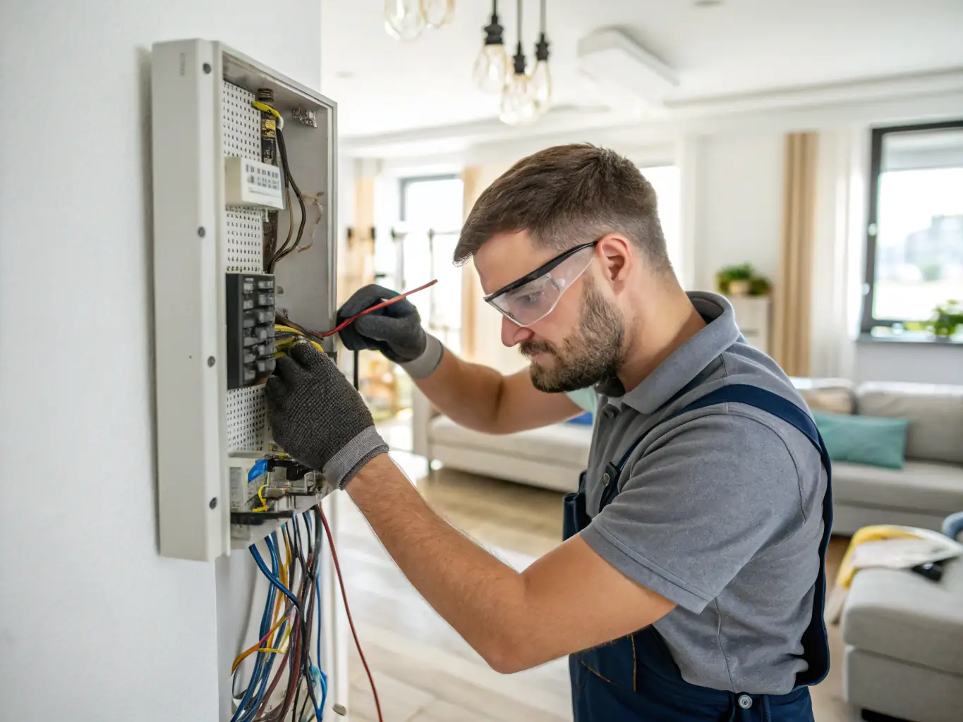 An electrician safely working on wiring inside a home's electrical panel, highlighting JB's Contracting and Maintenance's expertise in electrical services.