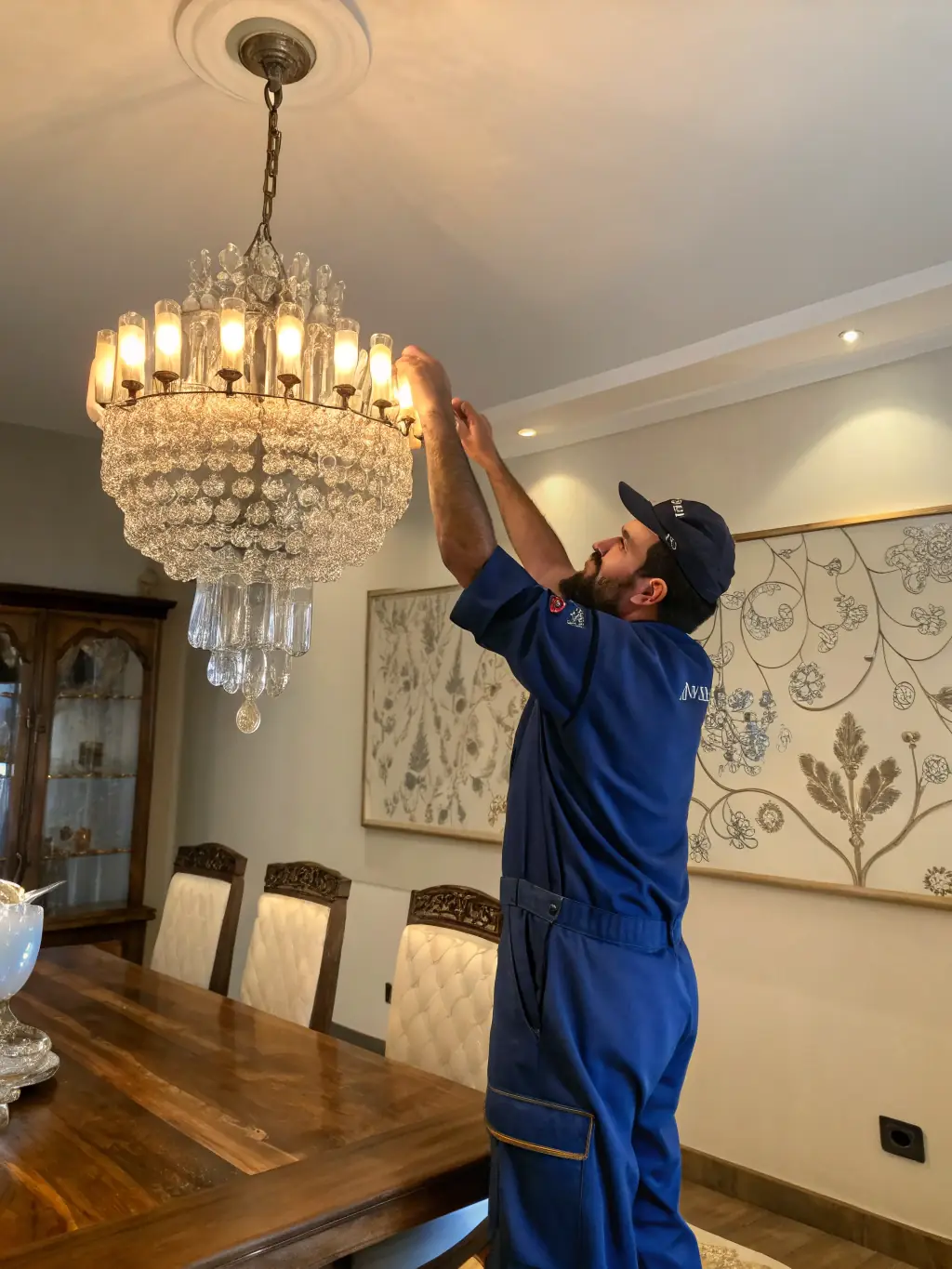 An electrician installing new lighting fixtures in a modern living room, ensuring proper wiring and safe connections.