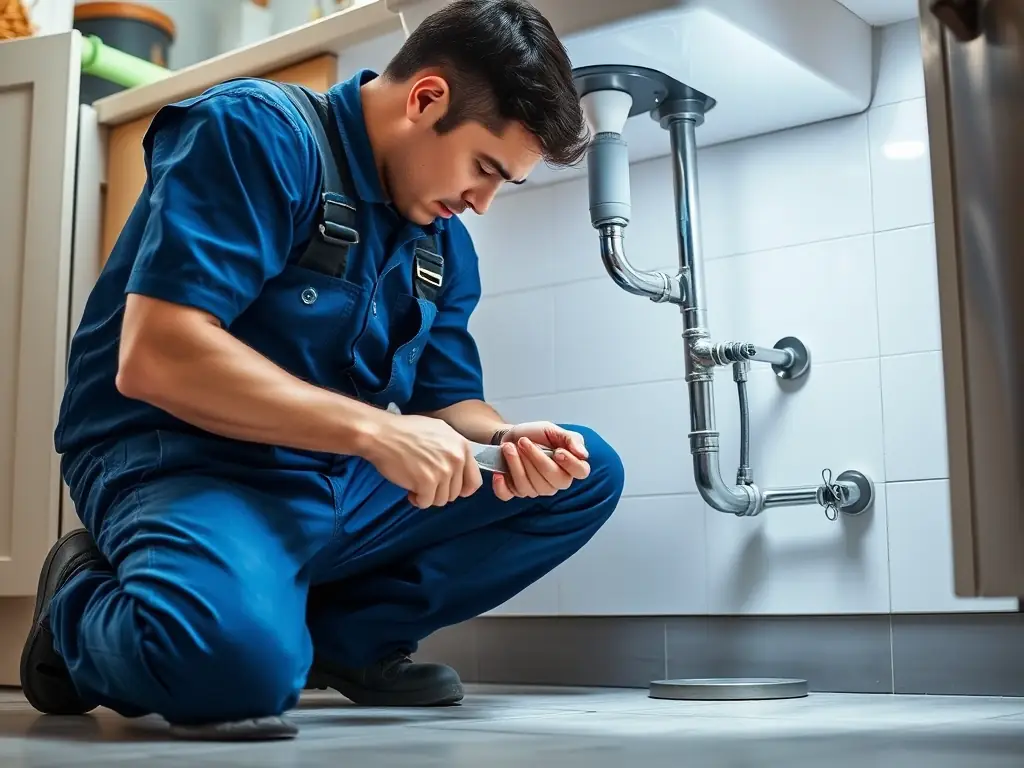 A plumber fixing a leaky pipe under a kitchen sink, demonstrating JB's Contracting and Maintenance's plumbing repair capabilities.