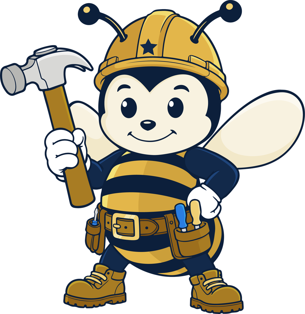JB the Bee wearing a hard hat and holding a hammer